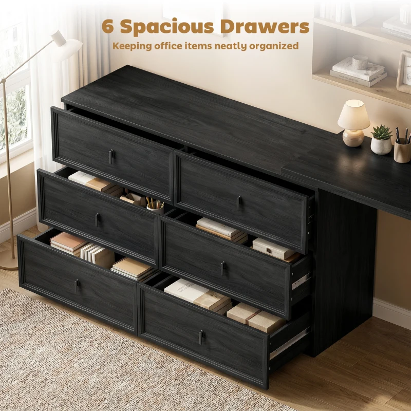 HOMCOM L Shaped Computer Desk Home Office Desk with 6 Drawers Black Wood Grain