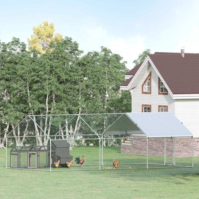 PawHut Large Chicken Coop Metal Chicken Run for Chicken with Waterproof and Anti-UV Cover, Spire Shaped Walk-in Fence Cage Hen House for Outdoor and Yard Farm Use, 1.26" Dia, 9.8' x 19.7' x 6.4'