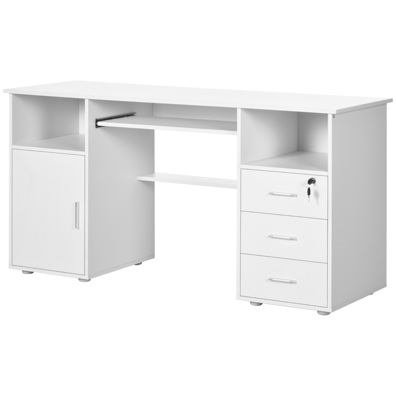HOMCOM Computer Desk with Keyboard Tray and Drawers, Writing Desk, Home Office Workstation, White