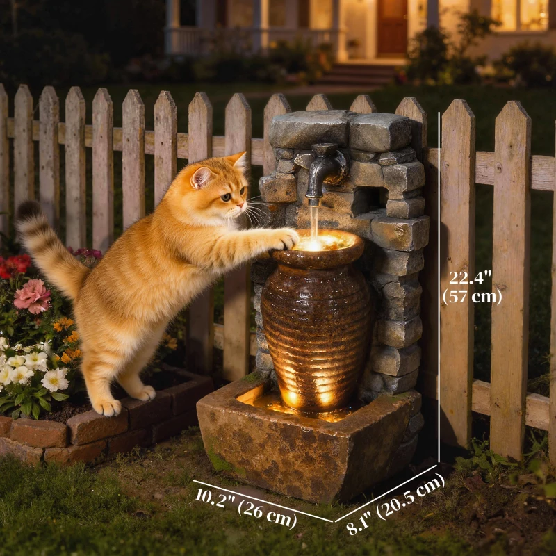 Outsunny Outdoor Water Fountain Adjustable Water Flow Garden Fountain with LED Lights Rustic Urn Design