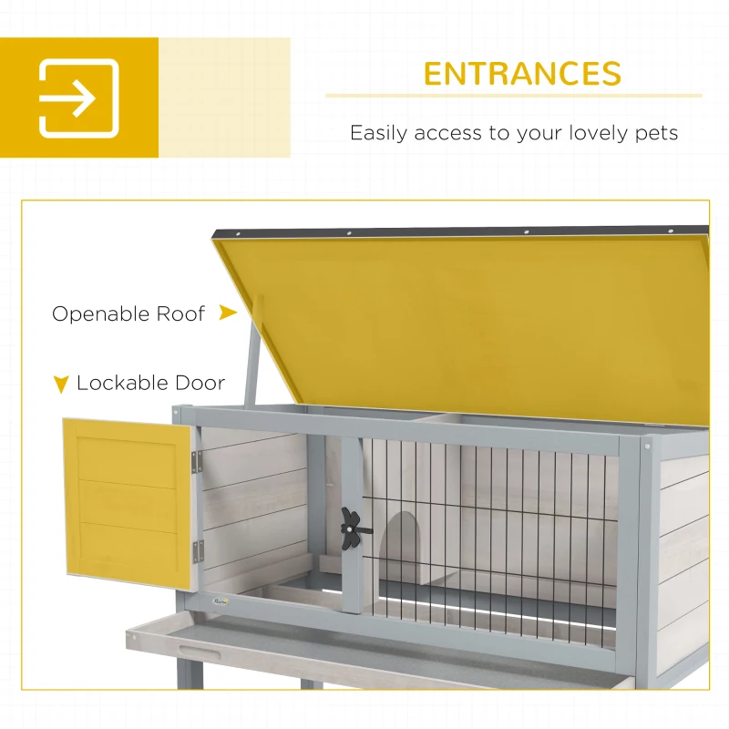 PawHut Wooden Rabbit Hutch with Openable Asphalt Roof, Tray, Light Grey