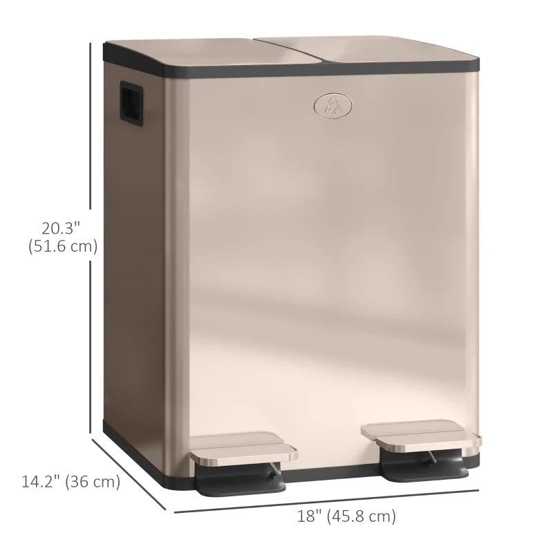 HOMCOM Garbage Bin, Soft-Close Trash Can with Foot Pedal, 2x5 Gal (2x20 L) Garbage Can with Removable Inner Buckets, Gold