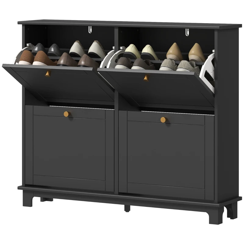 HOMCOM Modern Shoe Storage Cabinet, Narrow Shoe Cabinet with 4 Flip Drawers, Adjustable Shelves, 5 Legs for Entryway, Black