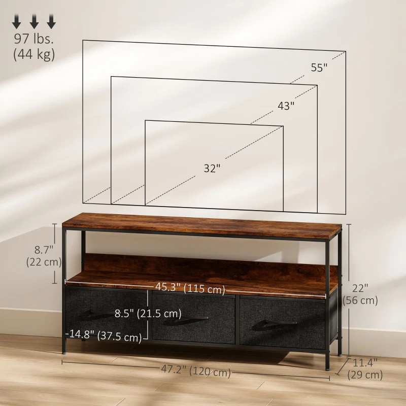 HOMCOM TV Stand with Charging Station, TV Table with 3 Foldable Linen Drawers and Open Shelf for 55 Inch Television, Rustic Brown