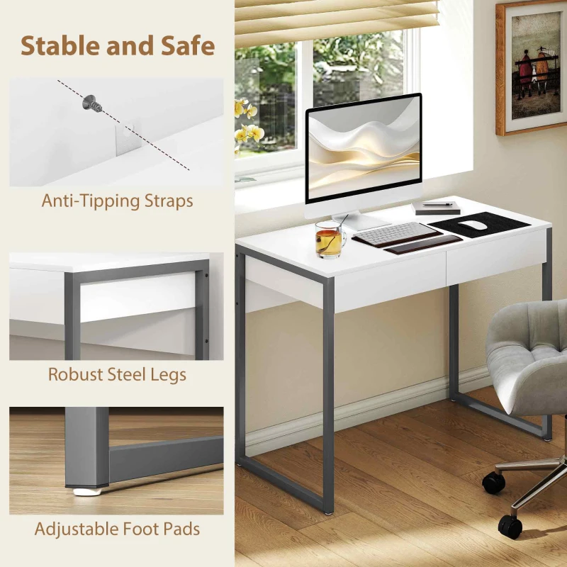 HOMCOM High Gloss Home Office Desk, 39" x 20" Computer Desk with 2 Drawers for Small Spaces, White and Grey