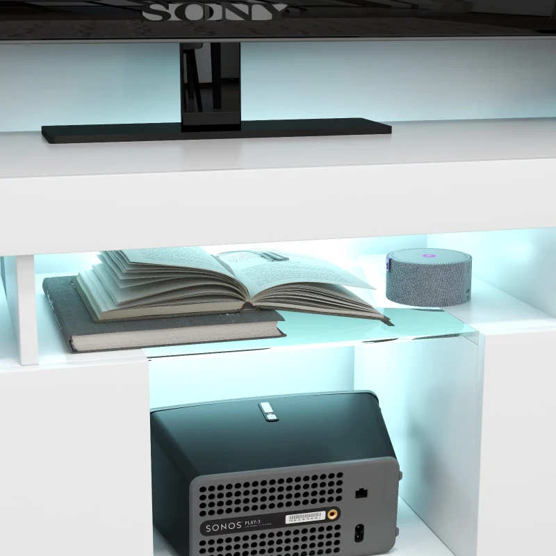 HOMCOM Modern TV Stand with Storage and LED Lights for TVs up to 55", TV Cabinet with Open Compartments, High Gloss White