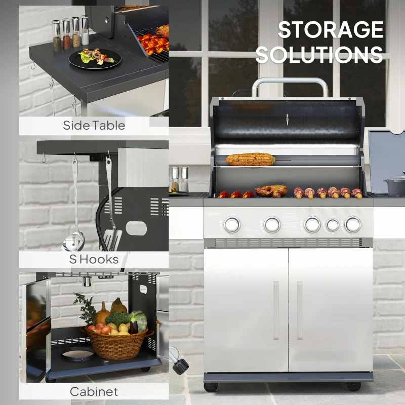 Outsunny 4+1 Burner Liquid Propane Gas Grill Outdoor Portable BBQ with Side Burner, Warming Rack, Side Shelf, Storage Cabinet, Thermometer, 4 Wheels, Tank Holder, Silver