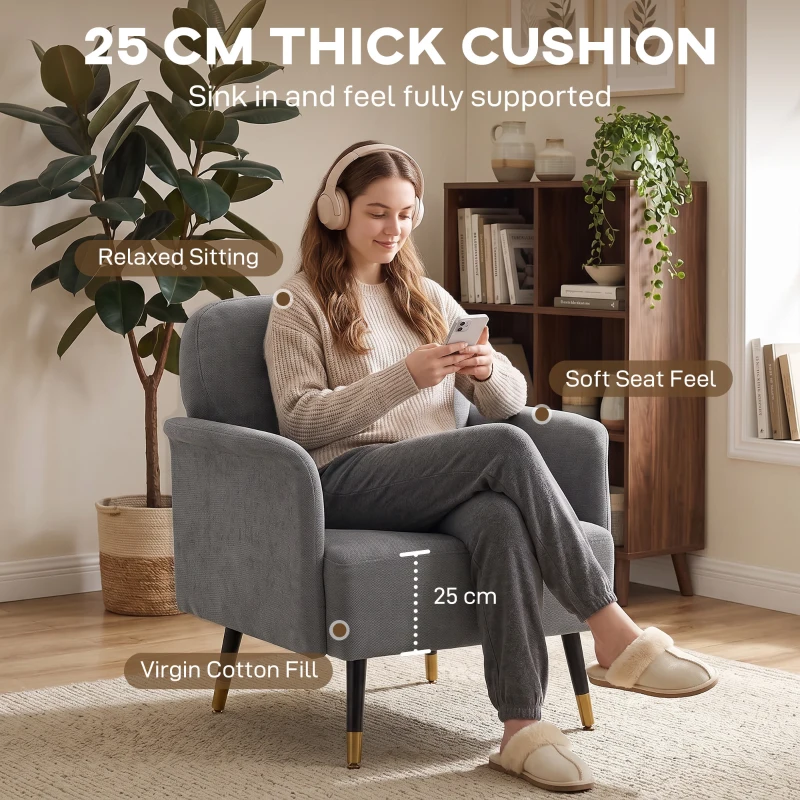 HOMCOM Accent Chair Modern Tufted with Metal Legs Upholstered Reading Armchair for Living Room Grey