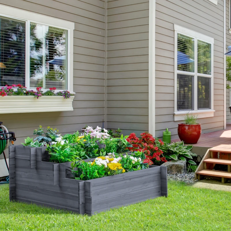 Outsunny 3-Tier Wood Raised Garden Bed, Elevated Planting Box, Outdoor Vegetable Flower Container, Herb Garden Indoor Kit, Gray