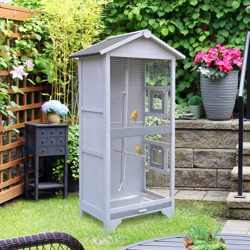 PawHut 60" Wooden Outdoor Bird Cage for Finches, Parakeet, Large Bird Cage with Removable Bottom Tray 4 Perch, Light Gray