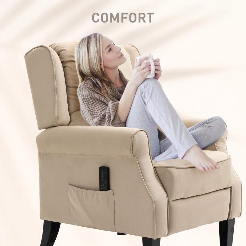 HOMCOM Massage Recliner Chair for Living Room, Push Back Recliner Sofa, Suede Wingback Reclining Chair with Extendable Footrest, Wood Legs, Remote Control, Side Pockets, Beige