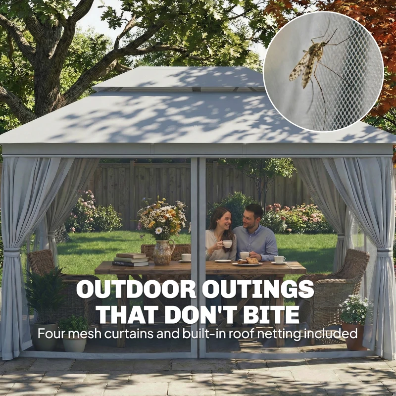 Outsunny 10' x 13' Patio Gazebo, UPF50+ Double Roof Outdoor Gazebo Canopy with Netting and Curtains, Steel Frame, Dark Grey