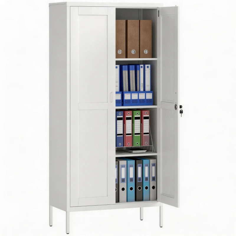 HOMCOM Office Storage Cabinet, Lockable Filing Cabinet with 3 Adjustable Shelves and 2 Doors for Home Office, Garage, White