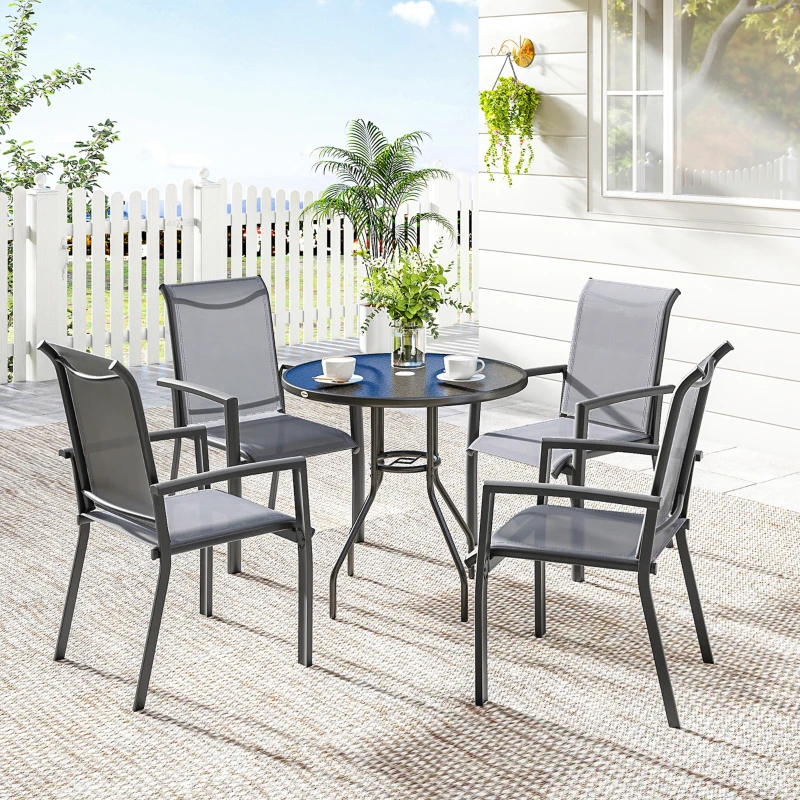 Outsunny Stackable Patio Chairs Set of 4, Outdoor Dining Chairs with All Weather Breathable Mesh and Armrests, Grey