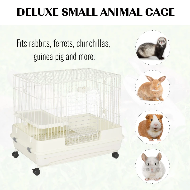 PawHut 2-Level Small Animal Cage Rabbit Hutch with Wheels, Removable Tray, Platform and Ramp for Bunny, Chinchillas, Ferret, White