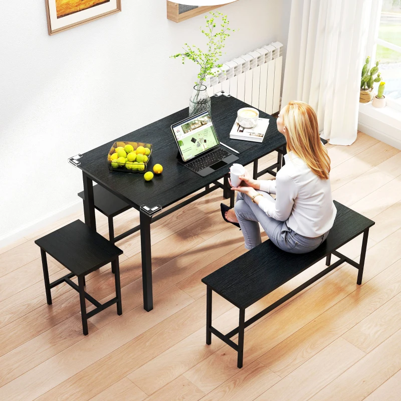 HOMCOM Extendable Dining Table Set, 5-Piece Dining Set for 4-6 with 2 Benches and 2 Stools for Small Spaces, Black