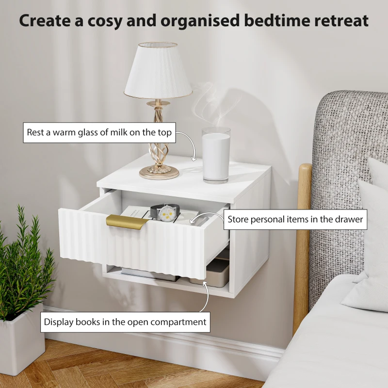 HOMCOM Floating Nightstands, Wall Mounted Bedside Tables Set of 2 with Drawer and Open Shelf, White