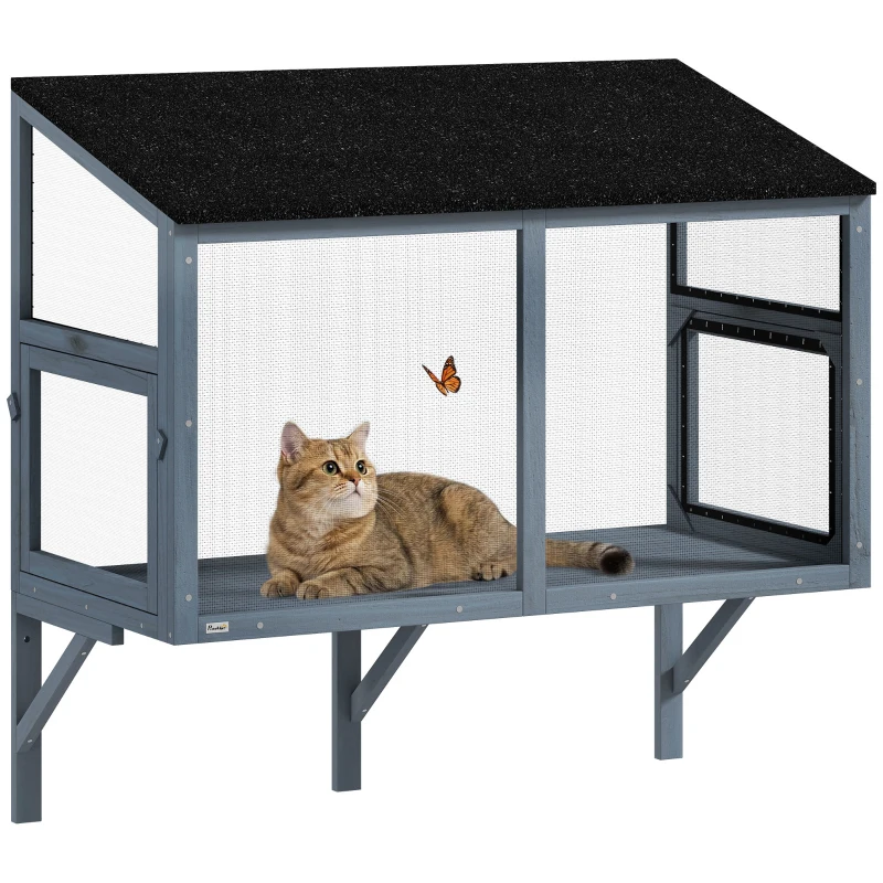 PawHut Catio Outdoor Cat Enclosure Expandable Wooden Cat House with 2 Doors for Window, 39.4"L