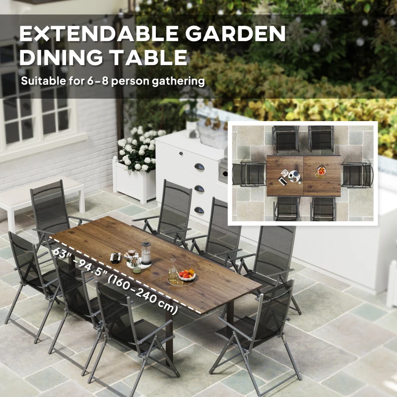 Outsunny 63"-94.5" Extendable Patio Dining Table for 6-8 Person, Outdoor Dining Table with Aluminium Edging, Steel Frame, Brown
