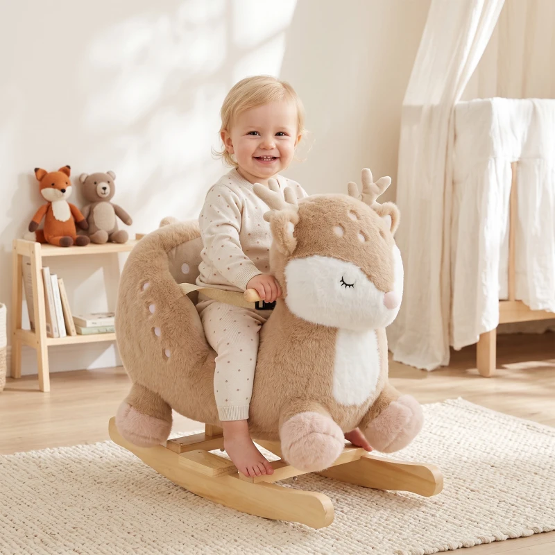 Qaba Rocking Horse for Toddlers 1-3 Years, Deer Baby Rocking Horse with Animal Sound, Seat Belt, Rocking Stopper, Brown