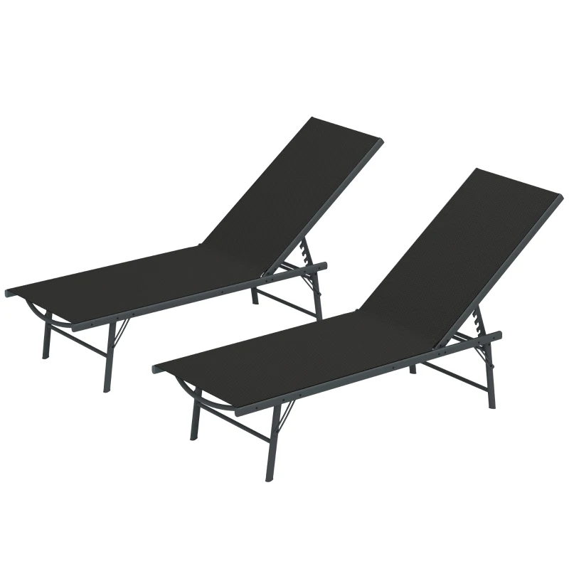 Outsunny 2 Pieces Folding Outdoor Lounge Chairs, Reclining Chaise Lounge Tanning Chair w/ Adjustable Back, Mesh Seat, Black