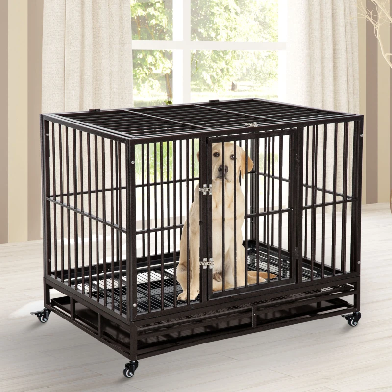 PawHut 42" Heavy Duty Dog Crate Metal Cage Kennel with Lockable Wheels, Double Door and Removable Tray, Brown