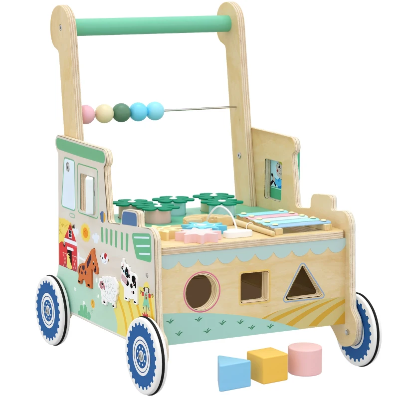 Qaba Wooden Baby Walker for 1-3 Year, Montessori Inspired Push Along Walker Toys, Multifunctional Activity Centre