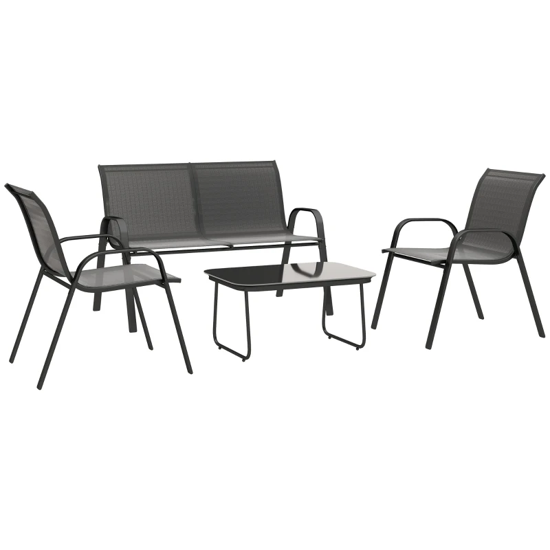 Outsunny 4 Pieces Outdoor Furniture Set with 2 Stackable Chairs, Loveseat, Patio Conversation Set with Glass Coffee Table, Black