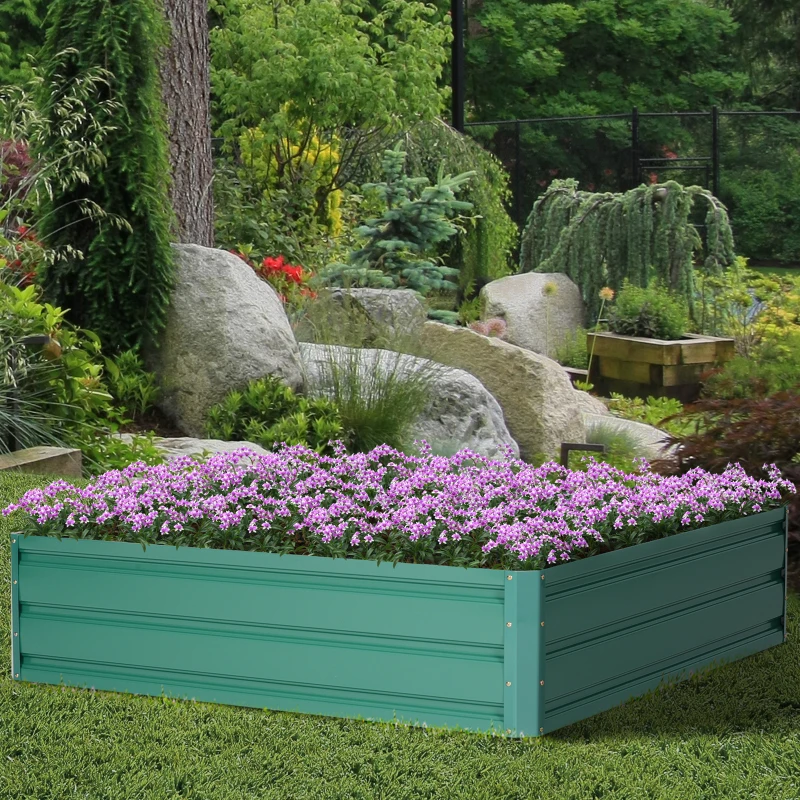 Outsunny 4' x 4' x 1' Raised Garden Bed Galvanized Steel Planter Box for Vegetables, Flowers, Herbs, Green