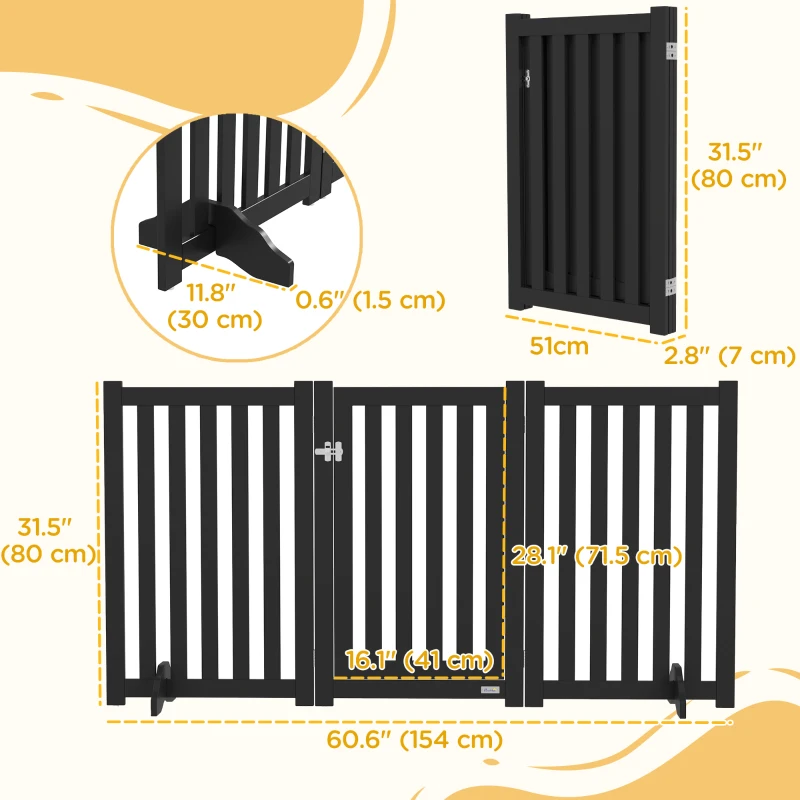 PawHut 3-Panel Foldable Dog Gate with Feet for Medium Dogs and Below, Black