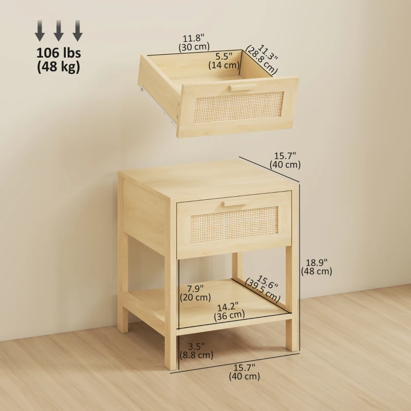 HOMCOM Narrow Nightstand with Rattan Elements, Bedside Table with Drawer and Storage Shelf for Bedroom, Set of 2, Natural Wood