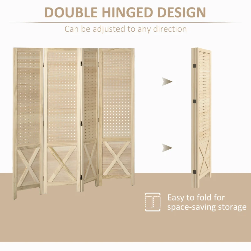 HOMCOM 4.7' 4 Panel Wooden Room Divider with Pegboard Display, Folding Privacy Screen for Home Office, Natural