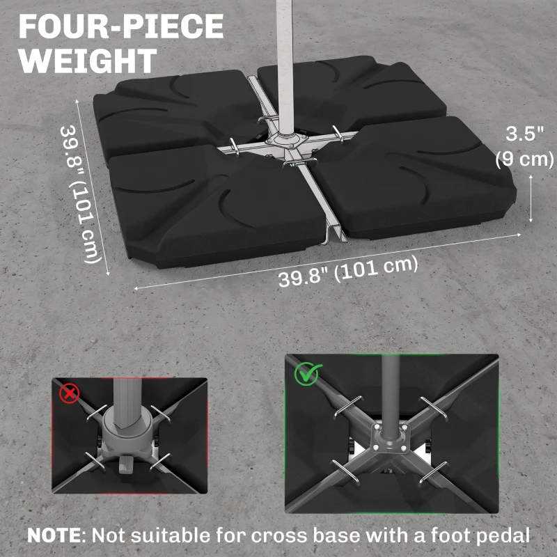 Outsunny 4 Piece Umbrella Base Stand Cantilever Offset Patio Umbrella Weight Plates w/ U Locking, 123 lb Capacity Water or 158 lb Capacity Sand, Black