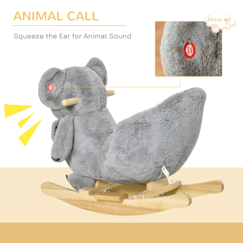Qaba Baby Rocking Horse Koala Design Plush Stuffed Rocking Chair, Wooden Rocking Horse with Sound, Seat Belt for Boys and Girls Gift, Grey