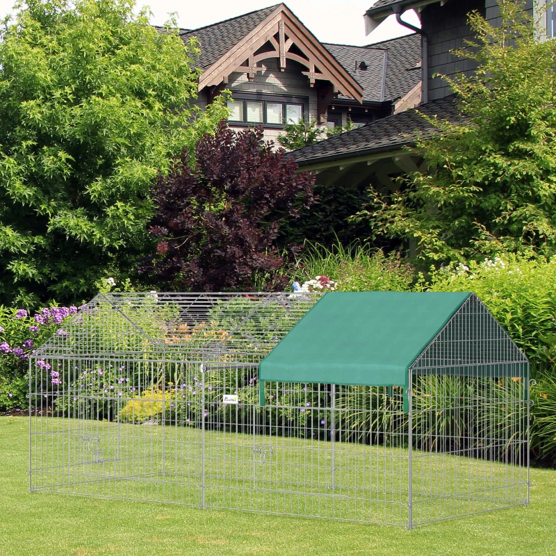 PawHut Metal Chicken Coop, 87" x 41" x 41" Chicken Run Pen for Yard with Cover, Portable Catio Poultry Cage Indoor Outdoor Backyard, Cat Cage for Rabbit, Duck, Hen, Small Animal, Chinchillas, Beige