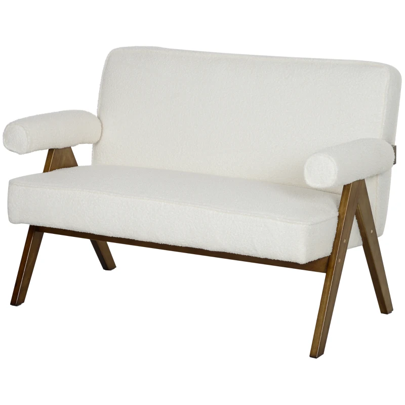 HOMCOM Boucle Fabric 2 Seater Sofa, Small Sofa Loveseat with Thick Padding and Wood Legs, Cream White