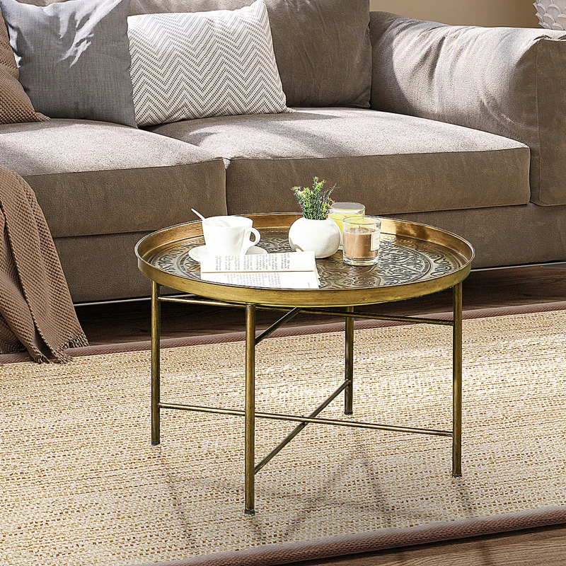HOMCOM Vintage Coffee Table for Living Room, 24" Round Center Table with Hammered Tray Top and Metal Frame, Gold