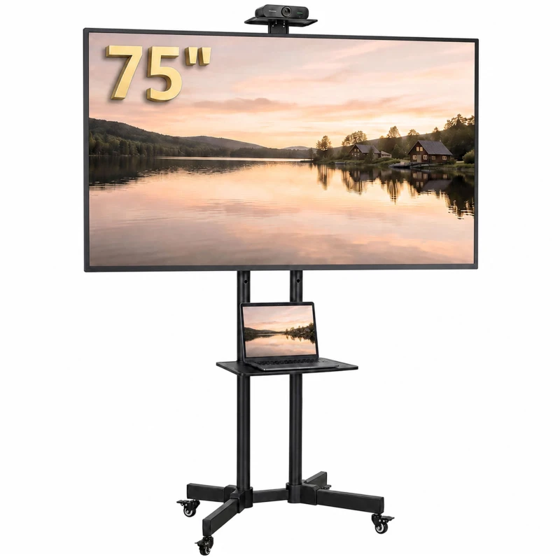 HOMCOM Rolling TV Stand for 32-75 Inch Screens, Mobile TV Stand with Tilt, Height Adjustable, Locking Wheels, Black