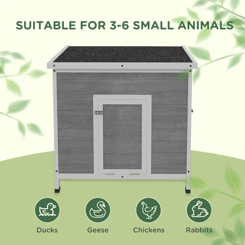 PawHut Duck Coop, Wooden Chicken House Rabbit Hutch with Openable Roof, Removable Floor, Double Doors, Ramp, Grey