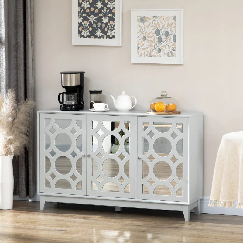 HOMCOM Sideboard Kitchen Buffet Table with 3 Mirrored Doors, 2 Cabinets  and Adjustable Shelf, Gray