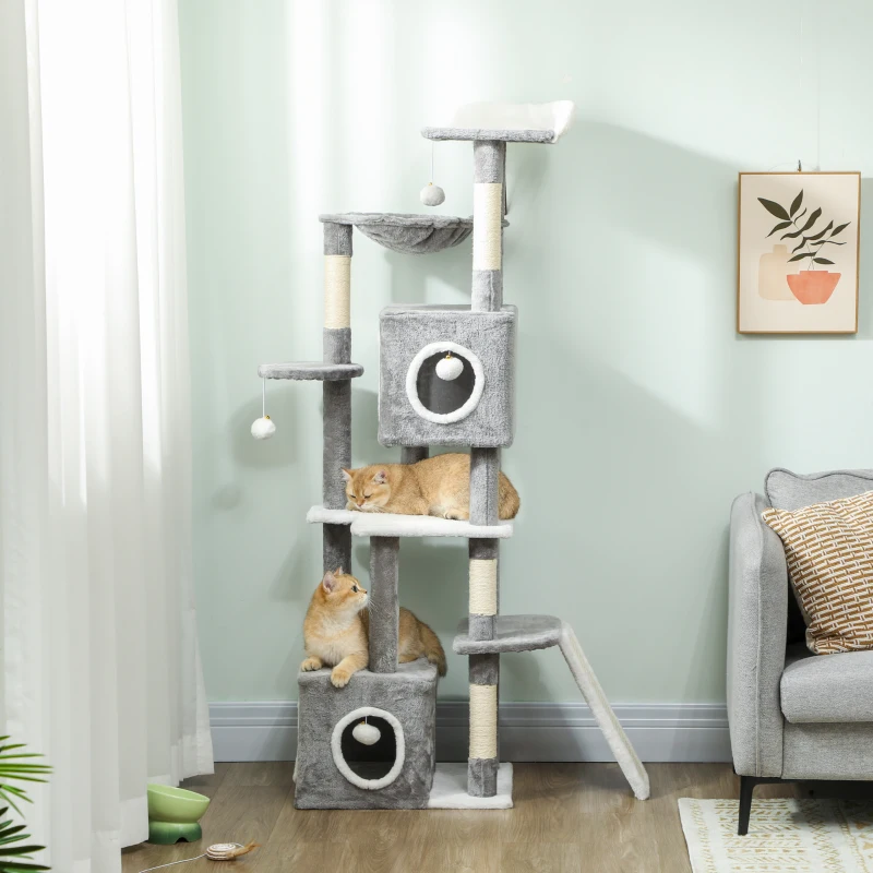 PawHut 65 Inch Cat Tree with 2 Doors Condos, Plush Top Perch, Hammock, Sisal Scratching Posts, 4 Pompoms, Ramp, Grey