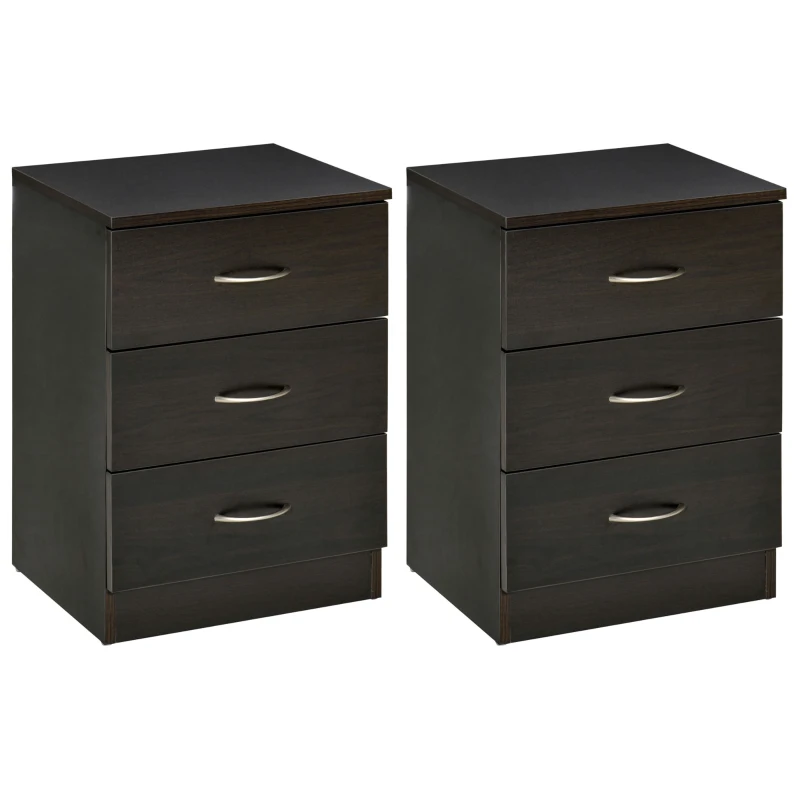 HOMCOM Bedside Table with 3 Drawers, Modern Wood Nightstand, Side Table with Anti-tipping Design for Bedroom, Set of 2, Dark Brown