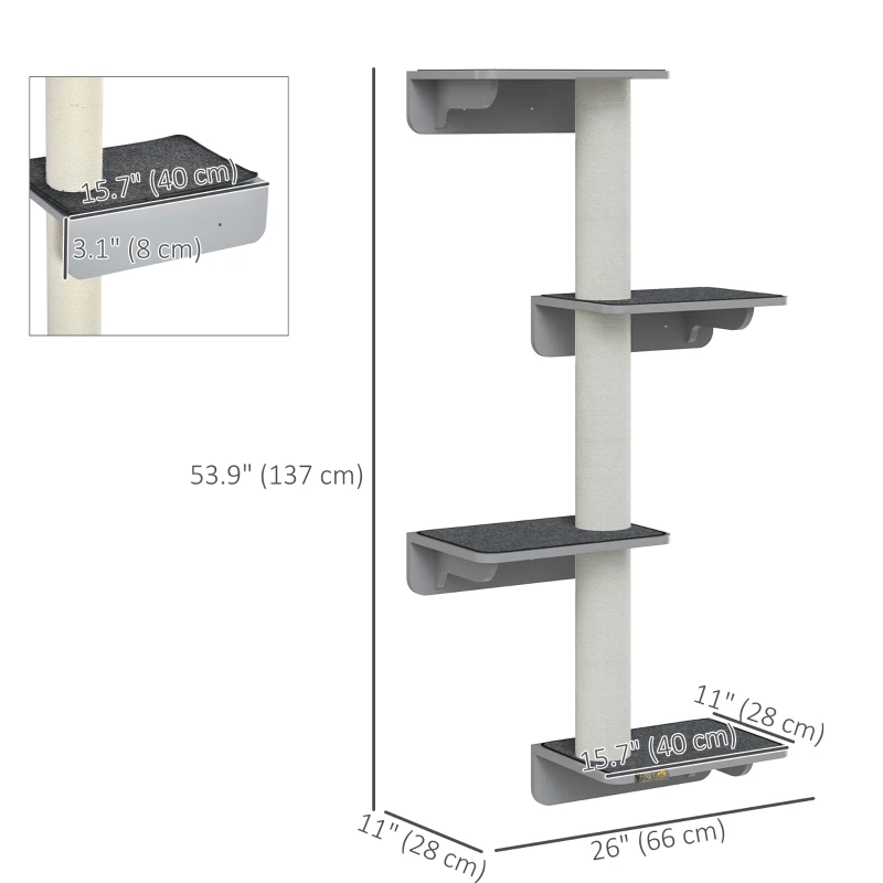 PawHut Wall-Mounted Cat Shelf with 4 Platforms and 3 Scratching Posts, Cat Wall Climber for Climbing and Lounging, Light Grey