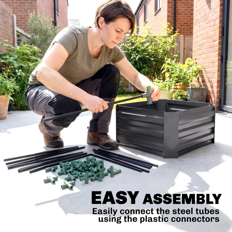 Outsunny Galvanized Planter Box, 24" x 24" x 55" Raised Garden Bed with Tomato Cage for Climbing Vines, Dark Gray
