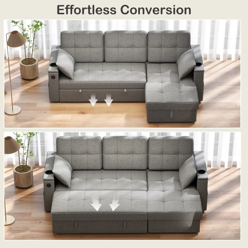 HOMCOM Convertible Sectional Sofa Bed, Pull Out Sleeper Sofa Couch with USB‑A+C, Chaise Storage, L-Shaped Futon Couch, Grey