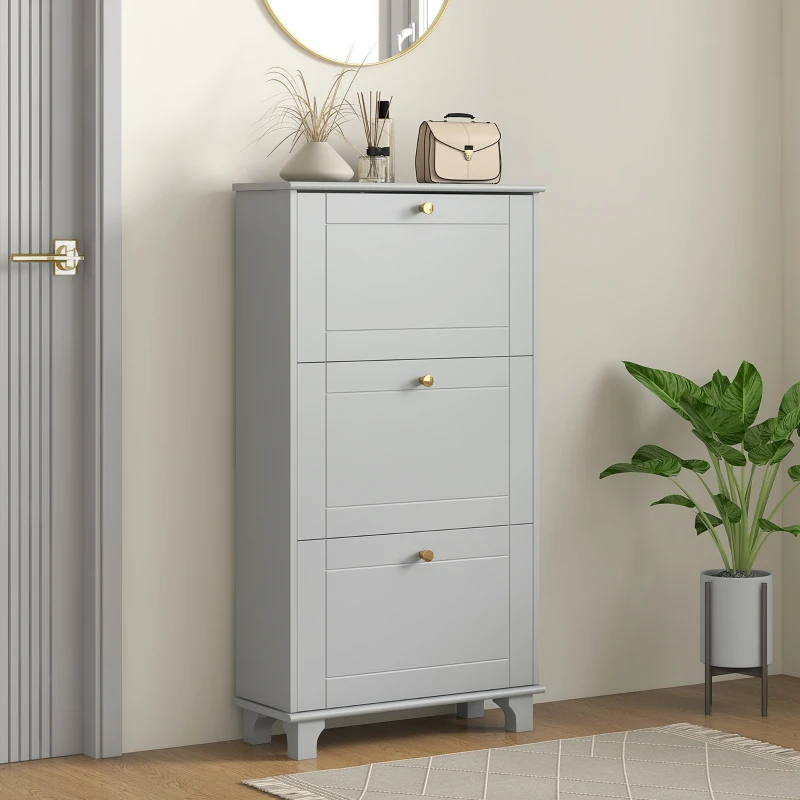 HOMCOM Narrow Shoe Storage with 3 Flip Drawers and Adjustable Shelves, Shoe Cabinet Organizer for 12 Pairs of Shoes, Grey