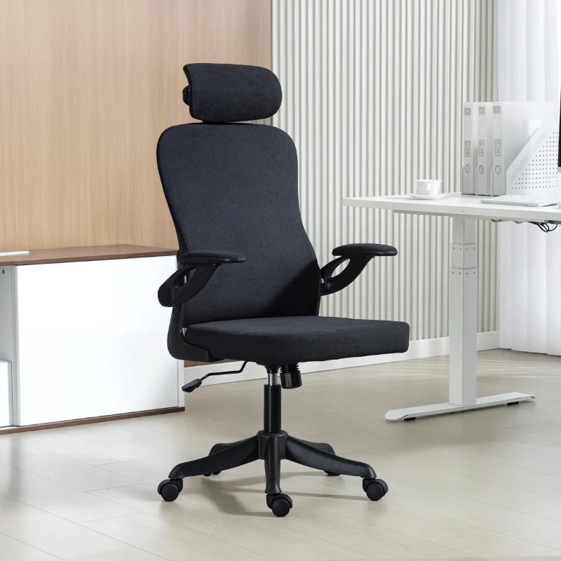 HOMCOM Ergonomic Office Chair, Swivel Desk Chair with Adjustable Lumbar Support, Headrest and Height, Flip-up Armrests, Black