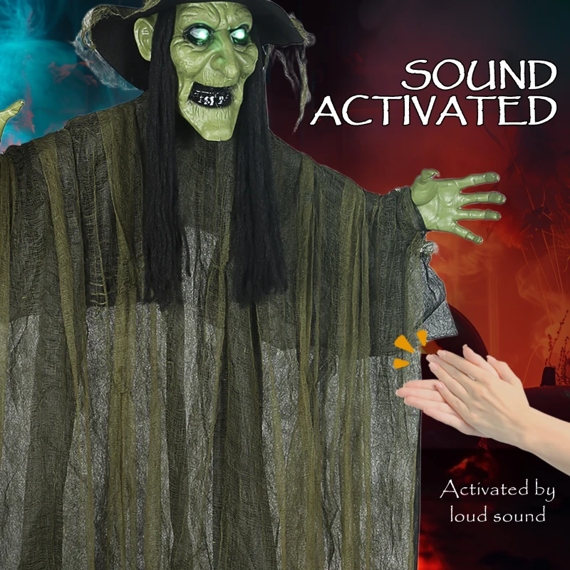 Outsunny Animatronics Hanging Witch, Voice-Activated Prop, Flashing Eyes & Wicked Laughter, Scary Halloween Decoration, Green