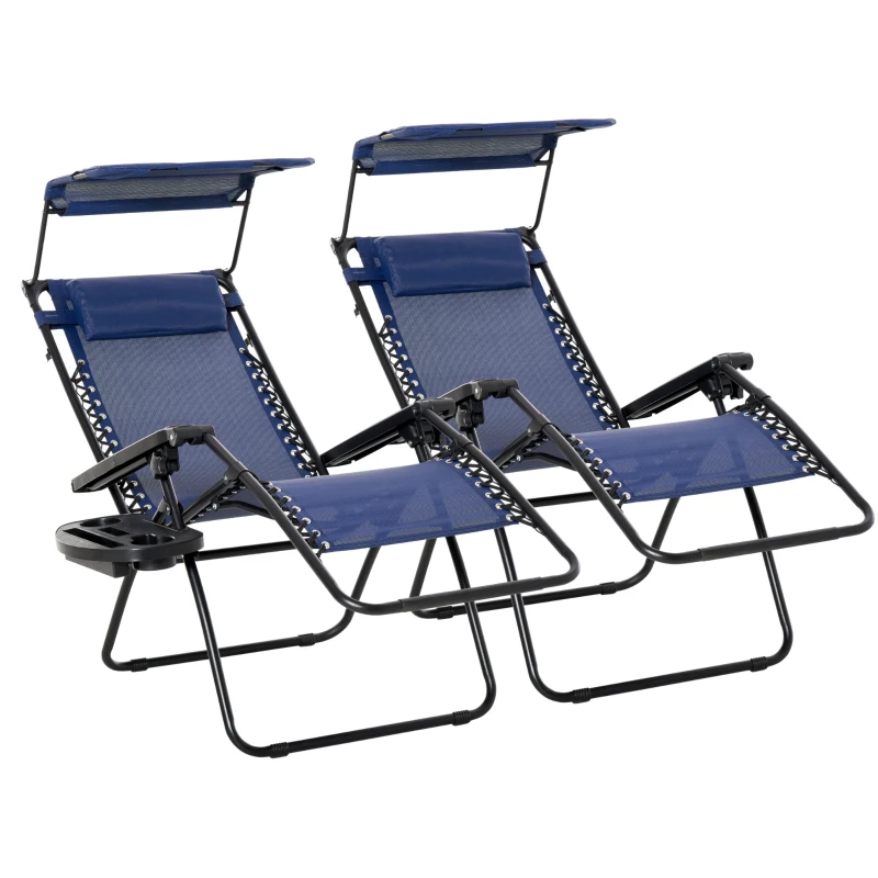 Outsunny Zero Gravity Chair Set of 2 with Canopy Shade, Outdoor Folding Lounge Chair with Side Tray, Cup Holder, Reclining Lounger with Breathable Mesh Seat and Pillow, Blue