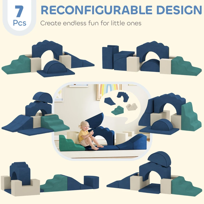 Qaba 7-Piece Baby Soft Play Set, Indoor Soft Play Gym Activity Play Set for Crawling, Sliding and Playing, Navy Blue